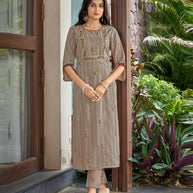 Laxmipati Nylon Cotton Griege Brown Embroidery Sequence Kurti With Pant