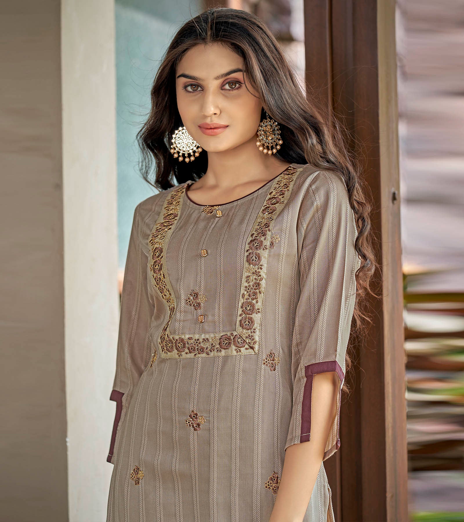 Laxmipati Nylon Cotton Griege Brown Embroidery Sequence Kurti With Pant