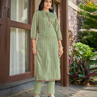 Laxmipati Nylon Cotton Mint Green Embroidery Sequence Kurti With Pant