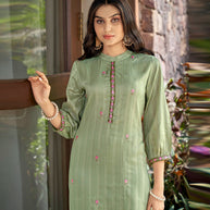 Laxmipati Nylon Cotton Mint Green Embroidery Sequence Kurti With Pant