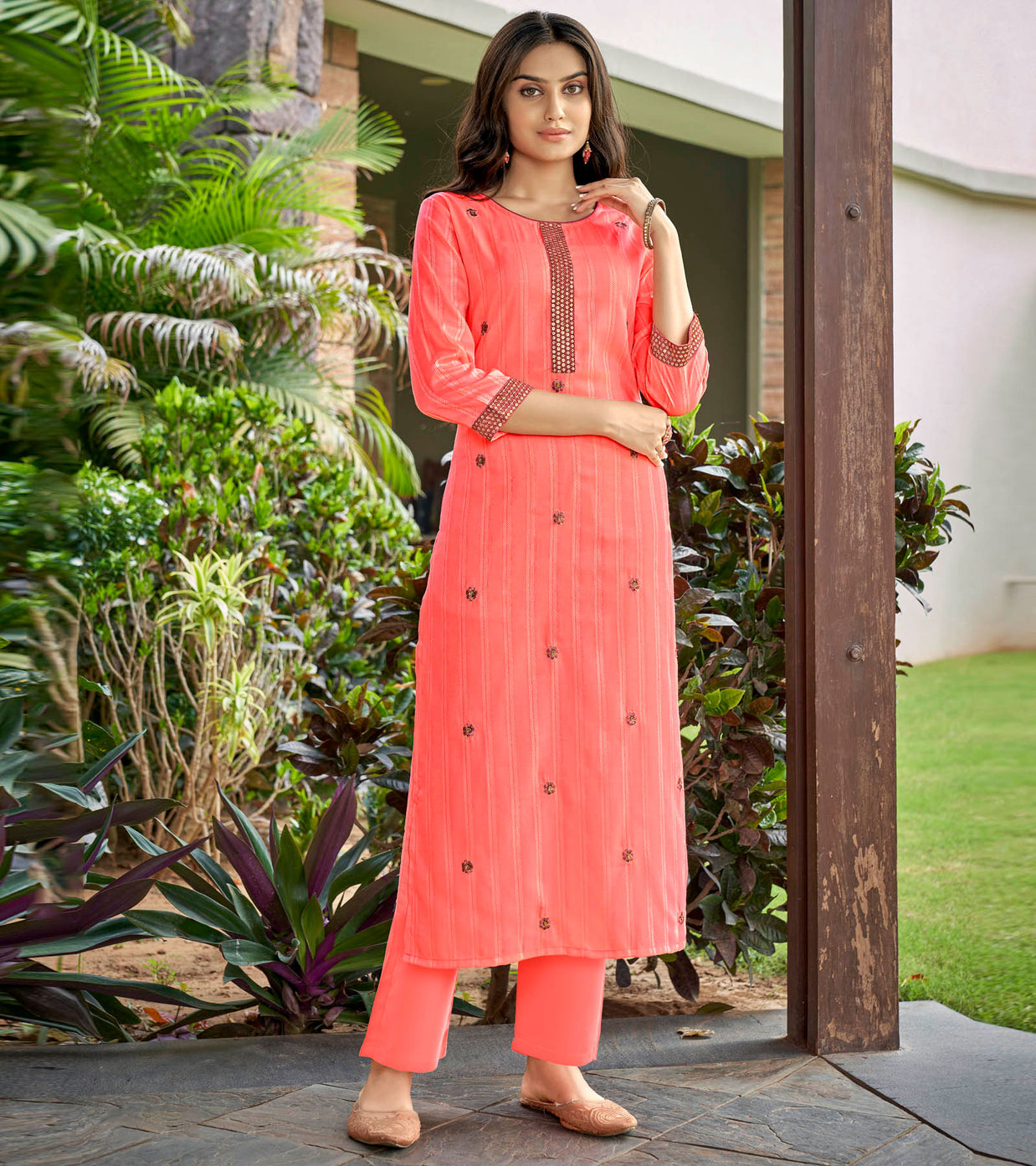 Laxmipati Nylon Cotton Orange Soda Embroidery Sequence Kurti With Pant