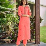 Laxmipati Nylon Cotton Orange Soda Embroidery Sequence Kurti With Pant