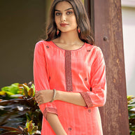 Laxmipati Nylon Cotton Orange Soda Embroidery Sequence Kurti With Pant