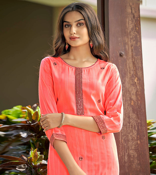 Laxmipati Nylon Cotton Orange Soda Embroidery Sequence Kurti With Pant