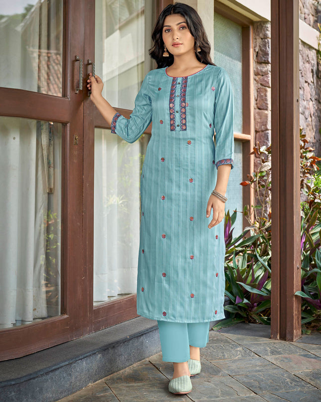 Laxmipati Nylon Cotton Sky Blue Embroidery Sequence Kurti With Pant