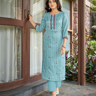 Laxmipati Nylon Cotton Sky Blue Embroidery Sequence Kurti With Pant