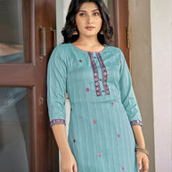 Laxmipati Nylon Cotton Sky Blue Embroidery Sequence Kurti With Pant