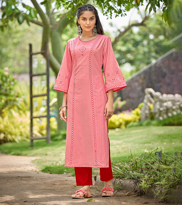 Laxmipati Gaurita Vol.1  Rayon Lurex Light Coral Straight Cut Kurti With Pant