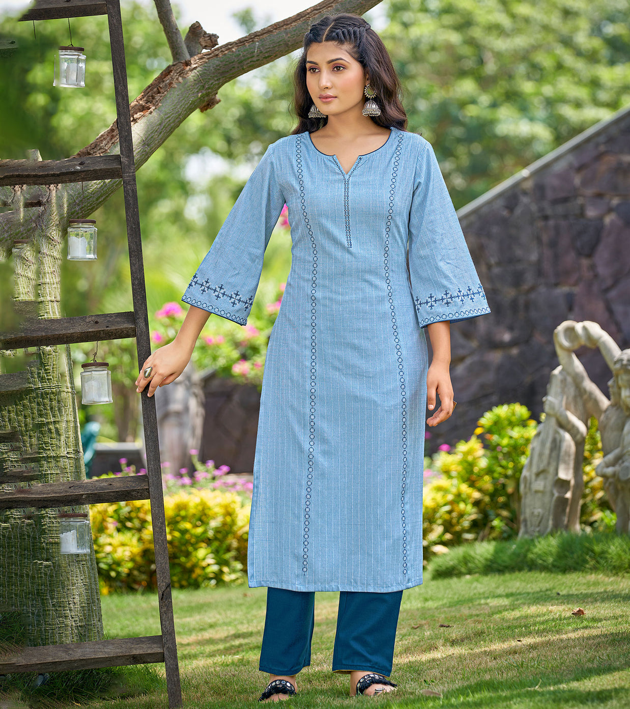 Laxmipati Gaurita Vol.1  Rayon Lurex Baby Blue Straight Cut Kurti With Pant