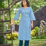 Laxmipati Gaurita Vol.1  Rayon Lurex Baby Blue Straight Cut Kurti With Pant
