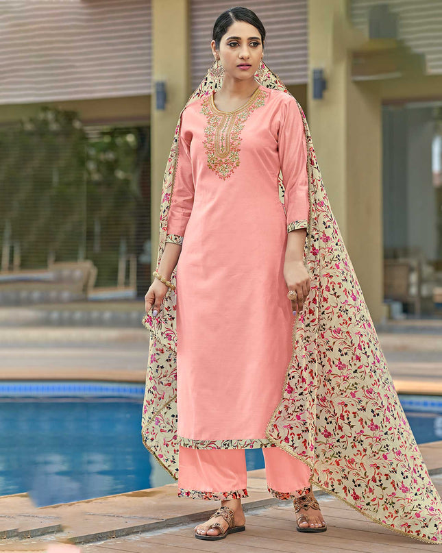 Laxmipati Chanderi Cotton Playful Pink Embroidered Kurti With Palazzo & Digital Printed Dupatta