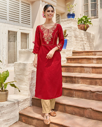 Laxmipati Muslin Rosy Red Straight Cut Kurti With Embroidered Work