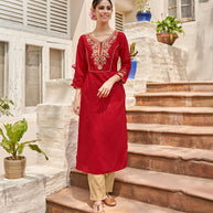 Laxmipati Muslin Rosy Red Straight Cut Kurti With Embroidered Work