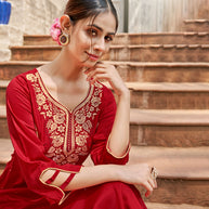 Laxmipati Muslin Rosy Red Straight Cut Kurti With Embroidered Work