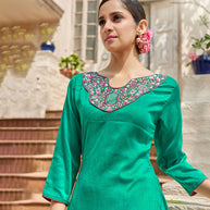 Laxmipati Muslin Light Green Straight Cut Kurti With Embroidered Work