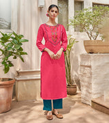 Laxmipati Muslin Cherry Pink Straight Cut Kurti With Embroidered Work