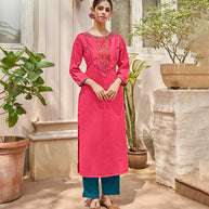 Laxmipati Muslin Cherry Pink Straight Cut Kurti With Embroidered Work