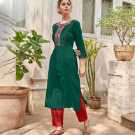 Laxmipati Muslin Leaf Green Straight Cut Kurti With Embroidered Work
