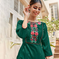 Laxmipati Muslin Leaf Green Straight Cut Kurti With Embroidered Work