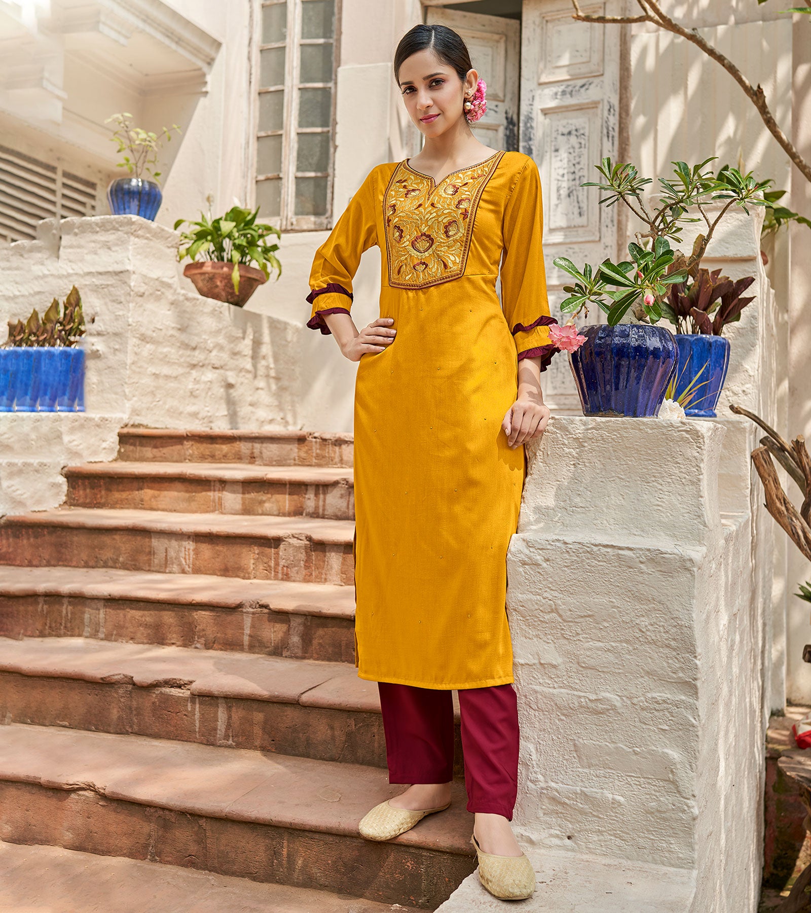 Laxmipati Muslin Antistic Yellow Straight Cut Kurti With Embroidered Work
