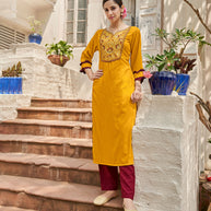 Laxmipati Muslin Antistic Yellow Straight Cut Kurti With Embroidered Work