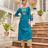 Laxmipati Muslin Blinking Blue Straight Cut Kurti With Embroidered Work