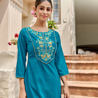 Laxmipati Muslin Blinking Blue Straight Cut Kurti With Embroidered Work