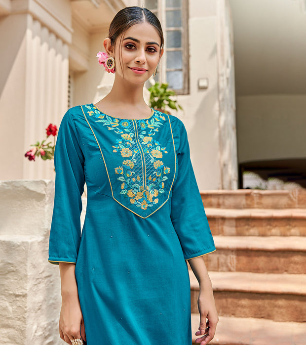 Laxmipati Muslin Blinking Blue Straight Cut Kurti With Embroidered Work
