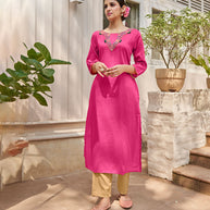 Laxmipati Muslin Fushia Pink Straight Cut Kurti With Embroidered Work