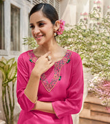 Laxmipati Muslin Fushia Pink Straight Cut Kurti With Embroidered Work