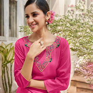 Laxmipati Muslin Fushia Pink Straight Cut Kurti With Embroidered Work