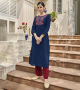 Laxmipati Muslin Sapphire Blue Straight Cut Kurti With Embroidered Work