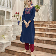 Laxmipati Muslin Sapphire Blue Straight Cut Kurti With Embroidered Work