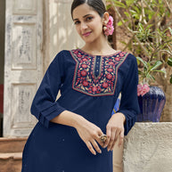 Laxmipati Muslin Sapphire Blue Straight Cut Kurti With Embroidered Work