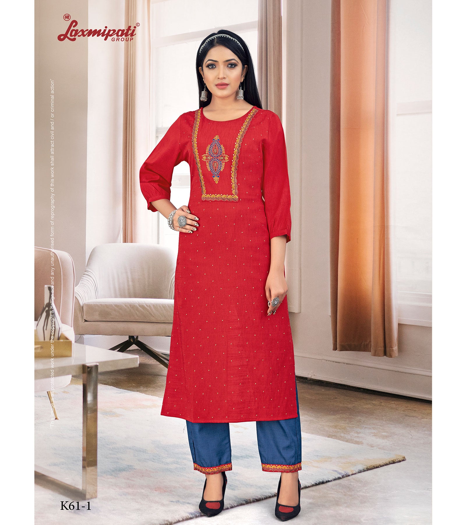 Laxmipati Taahira Vol.1  Spun Base Candy Red Straight Cut Kurta With Pant