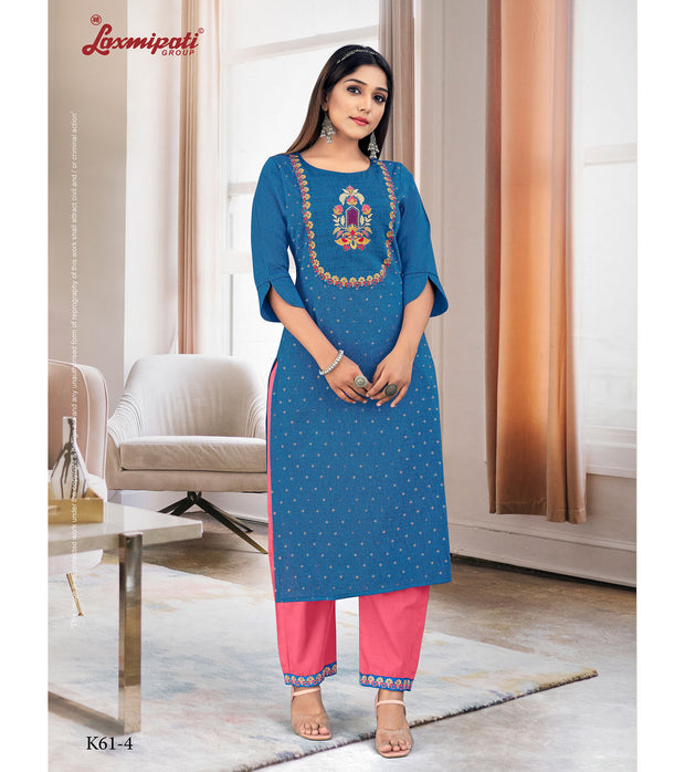 Laxmipati Taahira Vol.1  Spun Base Denim Blue Straight Cut Kurta With Pant