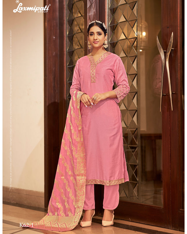 Laxmipati Adhisha  Vichitra  Bluse Pink Straight Cut Embroidery Kurti With Pant & Heavy Dupatta