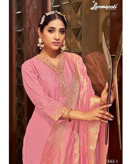 Laxmipati Adhisha  Vichitra  Bluse Pink Straight Cut Embroidery Kurti With Pant & Heavy Dupatta
