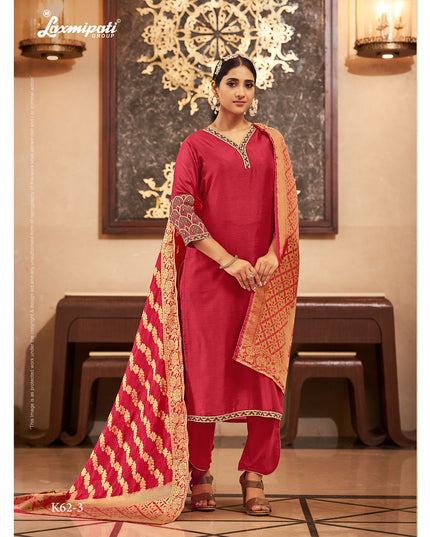 Laxmipati Adhisha  Vichitra  Brick Red Straight Cut Embroidery Kurti With Pant & Heavy Dupatta