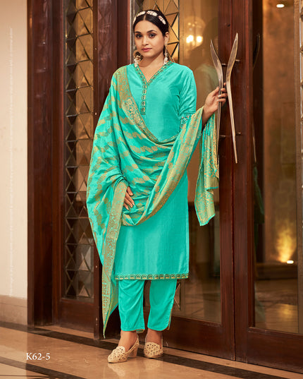Laxmipati Adhisha  Vichitra  Turquoise Straight Cut Embroidery Kurti With Pant & Heavy Dupatta