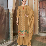 Laxmipati Viscose Chanderi Multani Brown Viscose Chanderi Butti Top With Sharara And Fancy Viscose Duppata