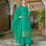 Laxmipati Viscose Chanderi Sea Green Viscose Chanderi Butti Top With Sharara And Fancy Viscose Duppata