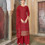 Laxmipati Viscose Chanderi Red Viscose Chanderi Butti Top With Sharara And Fancy Viscose Duppata