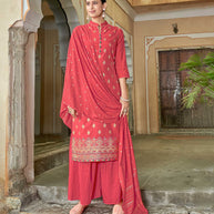 Laxmipati Viscose Chanderi Dark Peach Viscose Chanderi Butti Top With Sharara And Fancy Viscose Duppata