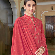 Laxmipati Viscose Chanderi Dark Peach Viscose Chanderi Butti Top With Sharara And Fancy Viscose Duppata