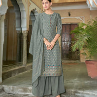 Laxmipati Viscose Chanderi Grey Viscose Chanderi Butti Top With Sharara And Fancy Viscose Duppata