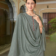 Laxmipati Viscose Chanderi Grey Viscose Chanderi Butti Top With Sharara And Fancy Viscose Duppata