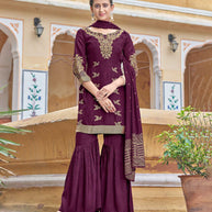 LAXMIPATI VISCOSE RAYON SILK VOILET HANDWORK STRAIGHT KURTI WITH SHARARA AND FANCY VISCOSS DUPATTA