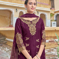LAXMIPATI VISCOSE RAYON SILK VOILET HANDWORK STRAIGHT KURTI WITH SHARARA AND FANCY VISCOSS DUPATTA