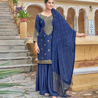 LAXMIPATI VISCOSE RAYON SILK BLUE  HANDWORK STRAIGHT KURTI WITH SHARARA AND FANCY VISCOSE DUPATTA